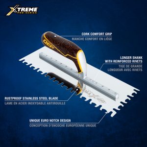 Xtreme Euro Notch Cork Handle XL Stainless Steel Trowel