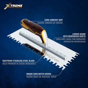 Xtreme Euro Notch Cork Handle XL Stainless Steel Trowel